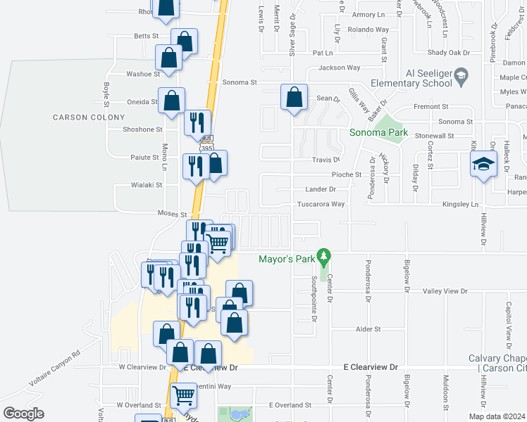 map of restaurants, bars, coffee shops, grocery stores, and more near 345 Sunwood Drive in Carson City