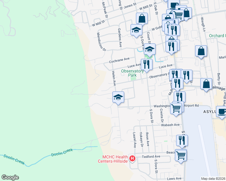 map of restaurants, bars, coffee shops, grocery stores, and more near 1090 Helen Avenue in Ukiah