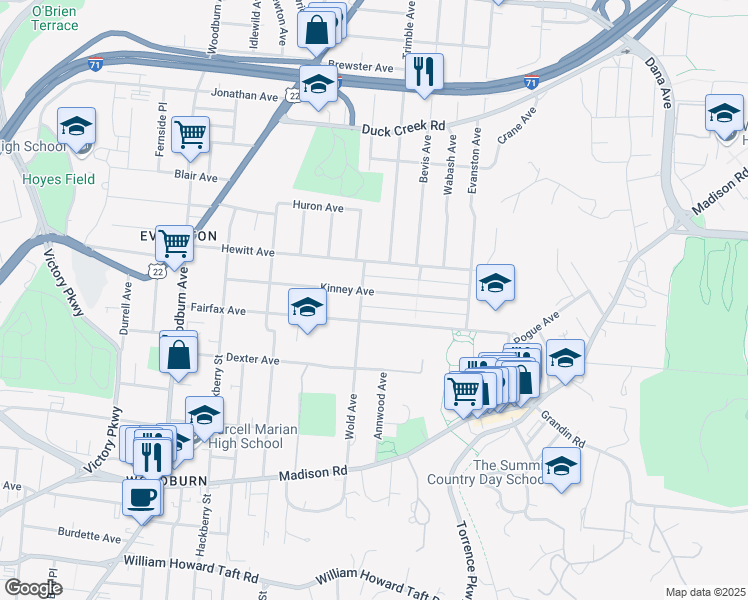 map of restaurants, bars, coffee shops, grocery stores, and more near 1911 Kinney Avenue in Cincinnati