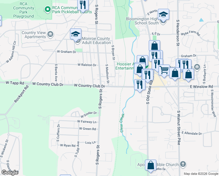 map of restaurants, bars, coffee shops, grocery stores, and more near 320 West Country Club Drive in Bloomington
