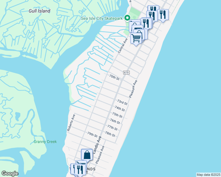 map of restaurants, bars, coffee shops, grocery stores, and more near 121 72nd Street in Sea Isle City