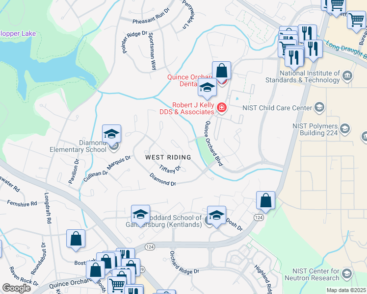 map of restaurants, bars, coffee shops, grocery stores, and more near 720 Tiffany Court in Gaithersburg