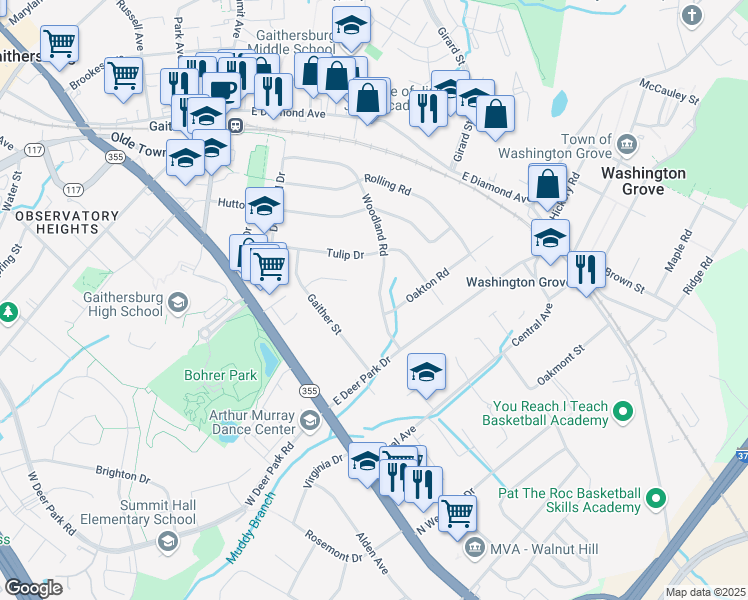 map of restaurants, bars, coffee shops, grocery stores, and more near 413 Woodland Road in Gaithersburg