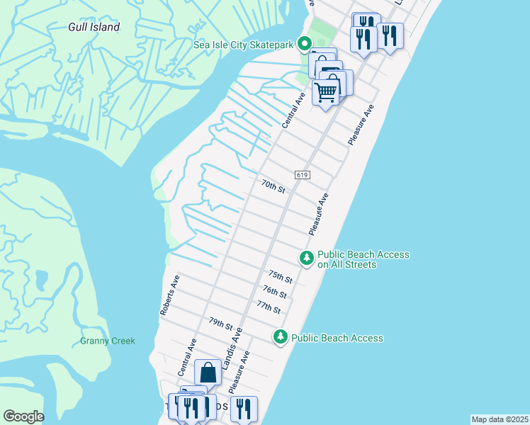 map of restaurants, bars, coffee shops, grocery stores, and more near 121 72nd Street in Sea Isle City