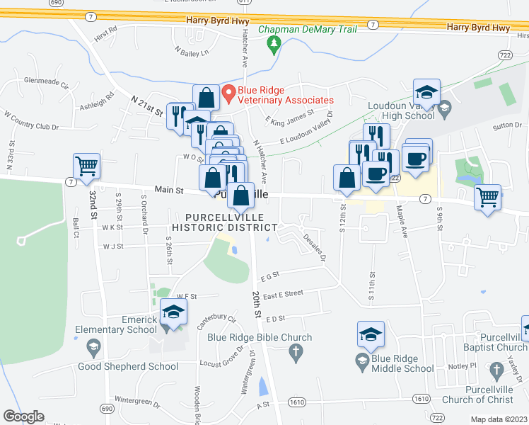 map of restaurants, bars, coffee shops, grocery stores, and more near 148 East Main Street in Purcellville