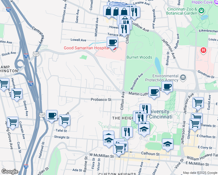map of restaurants, bars, coffee shops, grocery stores, and more near 434 Riddle Road in Cincinnati