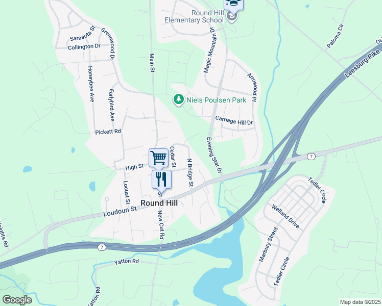 map of restaurants, bars, coffee shops, grocery stores, and more near 19 North Bridge Street in Round Hill