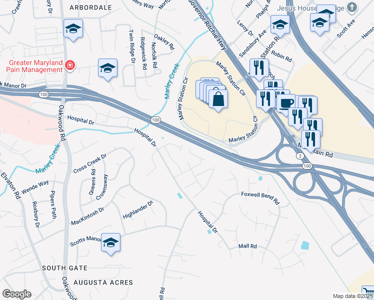 map of restaurants, bars, coffee shops, grocery stores, and more near 107 Foxview Drive in Glen Burnie
