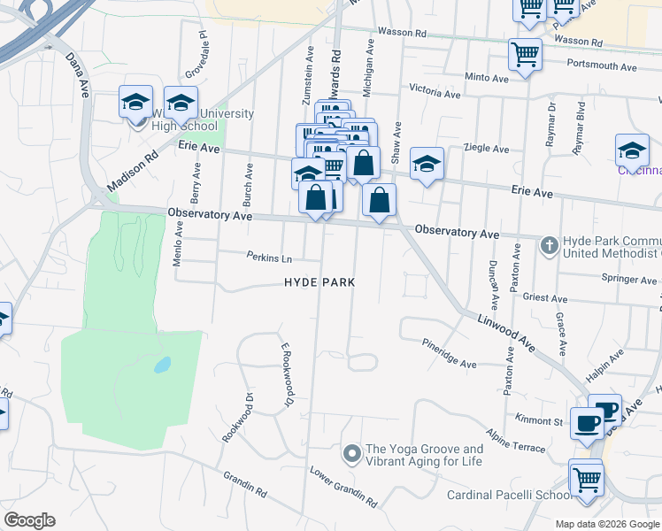 map of restaurants, bars, coffee shops, grocery stores, and more near 1339 Michigan Avenue in Cincinnati