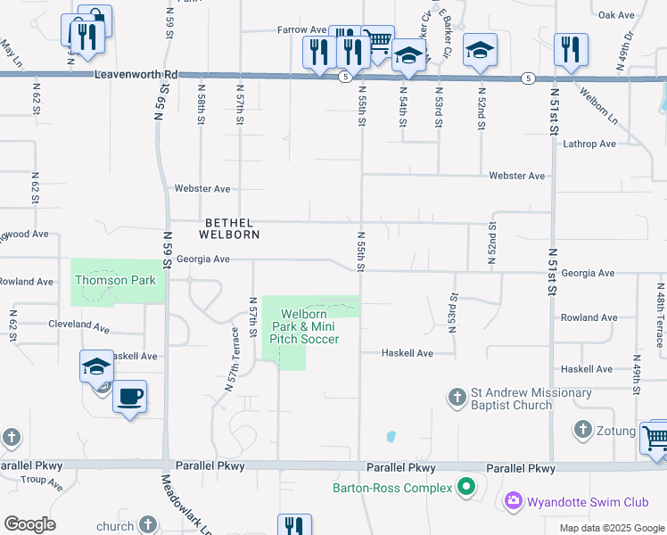 map of restaurants, bars, coffee shops, grocery stores, and more near 5524 Georgia Avenue in Kansas City