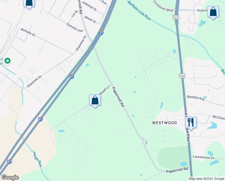 map of restaurants, bars, coffee shops, grocery stores, and more near 3424 Papermill Road in Winchester