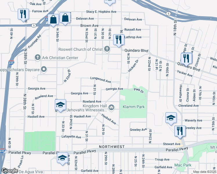 map of restaurants, bars, coffee shops, grocery stores, and more near 2719 North 28th Street in Kansas City