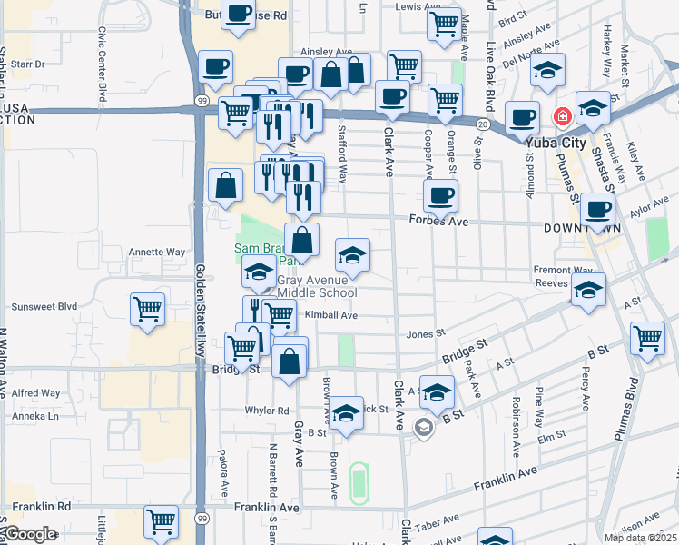 map of restaurants, bars, coffee shops, grocery stores, and more near 701 Stafford Way in Yuba City