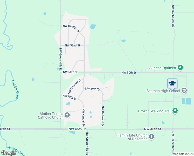 map of restaurants, bars, coffee shops, grocery stores, and more near 1721 Northwest 50th Street in Topeka