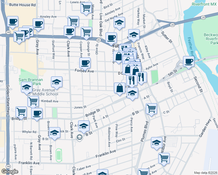 map of restaurants, bars, coffee shops, grocery stores, and more near 707 Chestnut Street in Yuba City