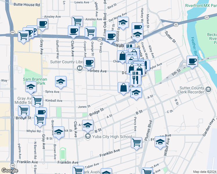 map of restaurants, bars, coffee shops, grocery stores, and more near 707 Chestnut Street in Yuba City