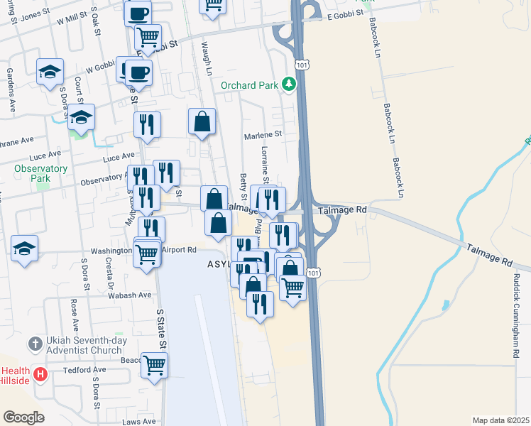 map of restaurants, bars, coffee shops, grocery stores, and more near 600 Talmage Frontage Road in Ukiah