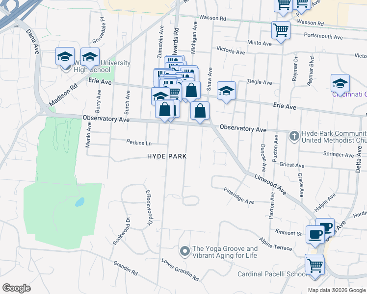 map of restaurants, bars, coffee shops, grocery stores, and more near 1339 Michigan Avenue in Cincinnati