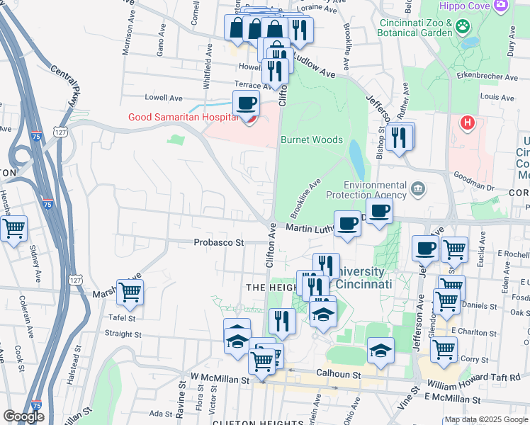 map of restaurants, bars, coffee shops, grocery stores, and more near 3033 Clifton Avenue in Cincinnati