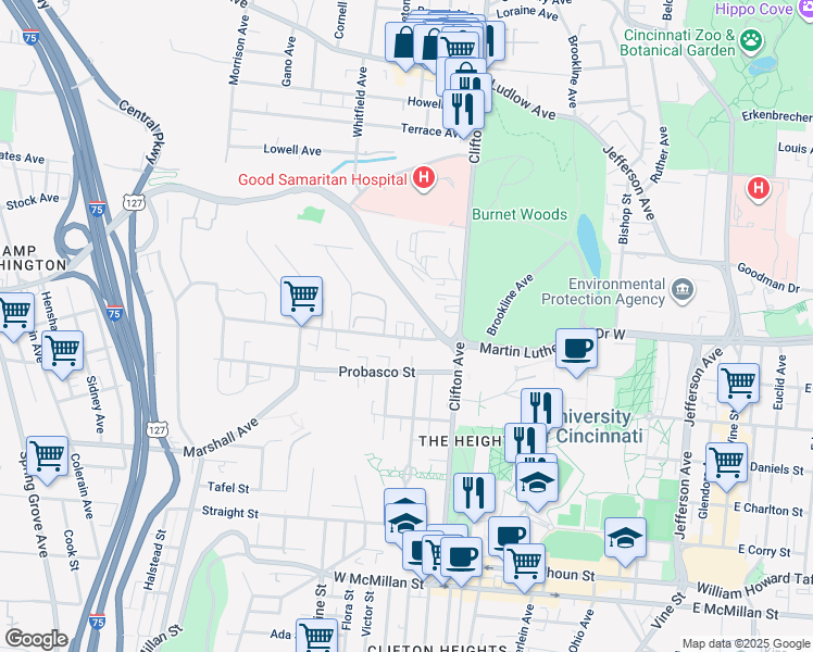 map of restaurants, bars, coffee shops, grocery stores, and more near 434 Riddle Road in Cincinnati