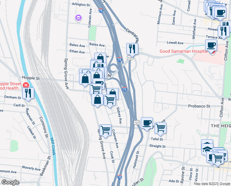 map of restaurants, bars, coffee shops, grocery stores, and more near 2953 Sidney Avenue in Cincinnati