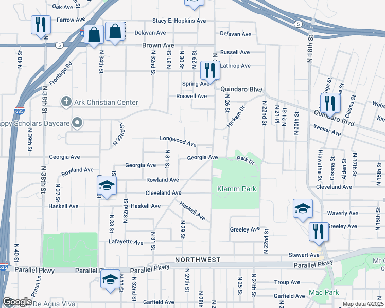 map of restaurants, bars, coffee shops, grocery stores, and more near 2719 North 28th Street in Kansas City