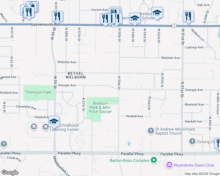 map of restaurants, bars, coffee shops, grocery stores, and more near 5524 Georgia Avenue in Kansas City