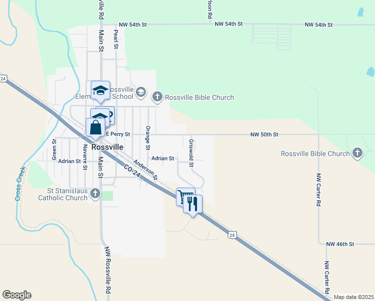 map of restaurants, bars, coffee shops, grocery stores, and more near 601-603 Griswold Street in Rossville