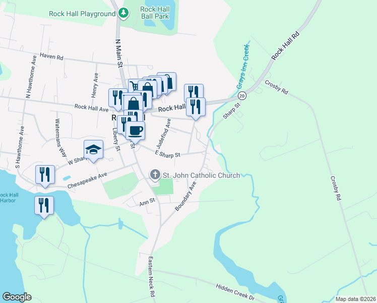 map of restaurants, bars, coffee shops, grocery stores, and more near 21530 East Sharp Street in Rock Hall