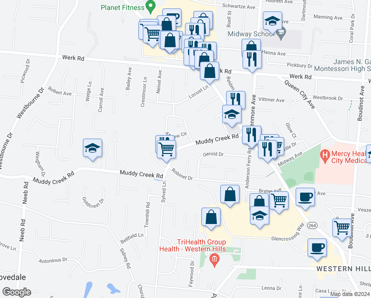 map of restaurants, bars, coffee shops, grocery stores, and more near 3617 Muddy Creek Road in Cincinnati