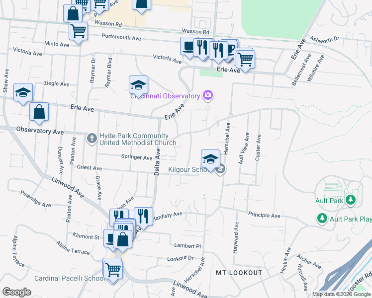 map of restaurants, bars, coffee shops, grocery stores, and more near 1339 Parkridge Place in Cincinnati