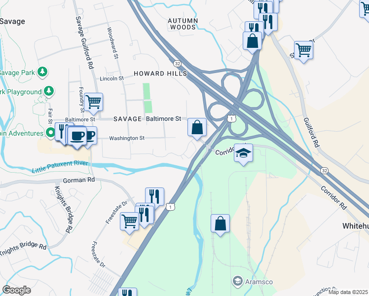 map of restaurants, bars, coffee shops, grocery stores, and more near 8536 Foxborough Drive in Savage