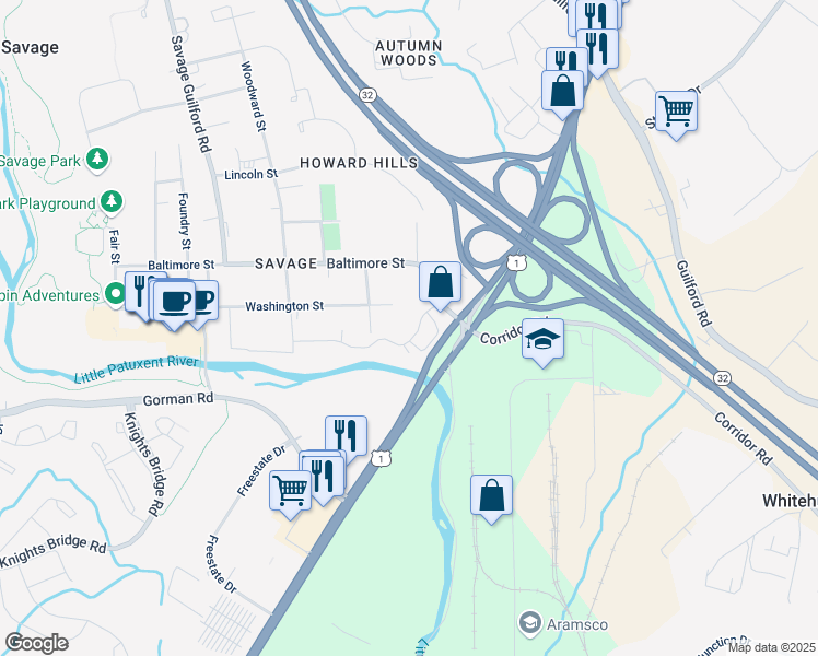 map of restaurants, bars, coffee shops, grocery stores, and more near 8532 Foxborough Drive in Savage