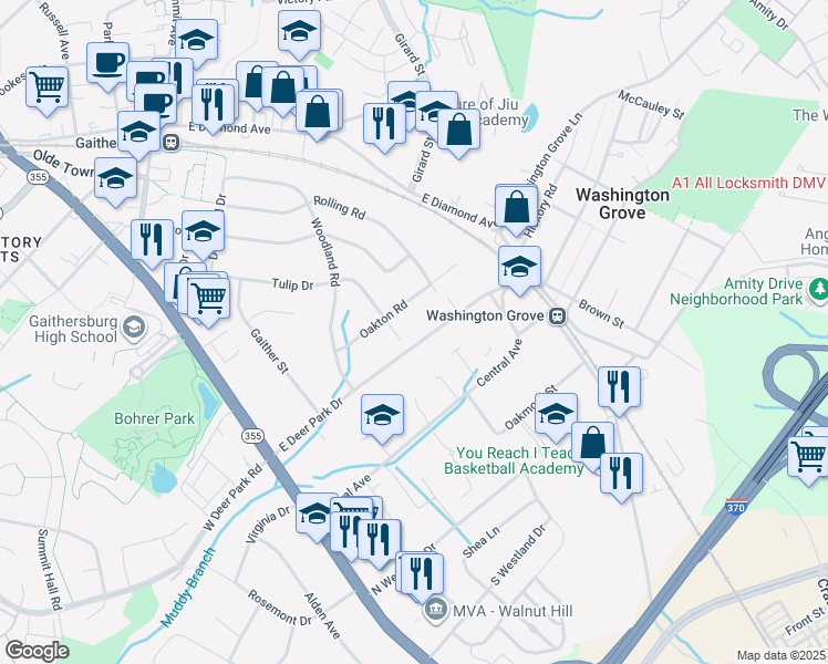 map of restaurants, bars, coffee shops, grocery stores, and more near 203 East Deer Park Drive in Gaithersburg