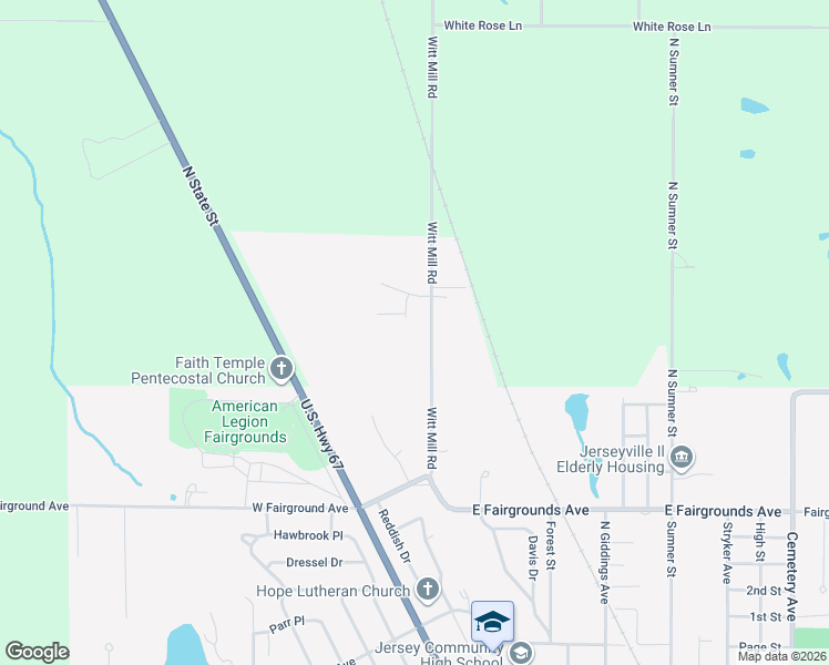 map of restaurants, bars, coffee shops, grocery stores, and more near 1242 Witt Mill Road in Jerseyville