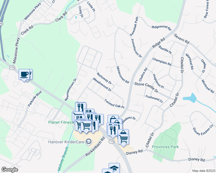 map of restaurants, bars, coffee shops, grocery stores, and more near 8243 Meadowood Drive in Hanover