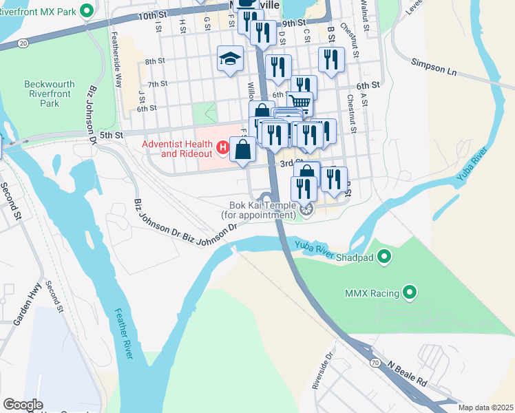map of restaurants, bars, coffee shops, grocery stores, and more near 131 F Street in Marysville