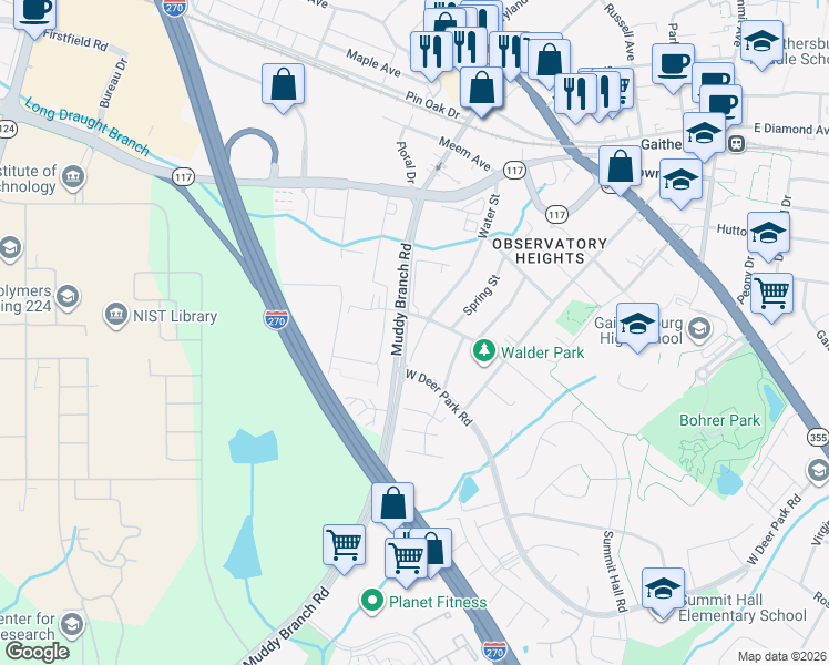 map of restaurants, bars, coffee shops, grocery stores, and more near 204 Water Street in Gaithersburg
