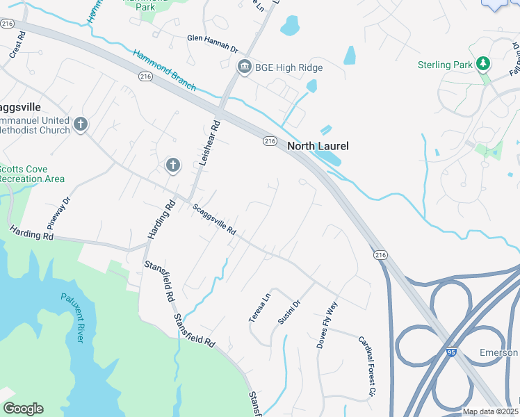 map of restaurants, bars, coffee shops, grocery stores, and more near 10417 Leslie Drive in Laurel