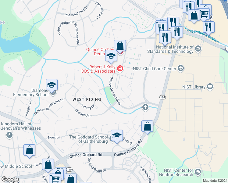 map of restaurants, bars, coffee shops, grocery stores, and more near 860 Quince Orchard Boulevard in Gaithersburg
