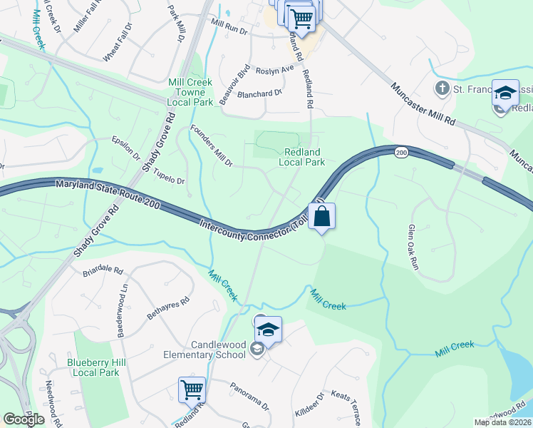 map of restaurants, bars, coffee shops, grocery stores, and more near 17041 Catalpa Court in Rockville