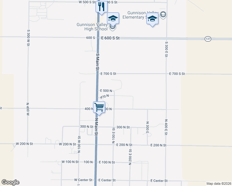 map of restaurants, bars, coffee shops, grocery stores, and more near 125 East 470 North in Centerfield