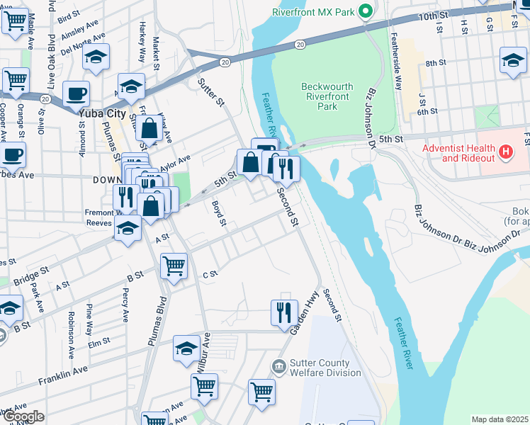 map of restaurants, bars, coffee shops, grocery stores, and more near 234 Fairman Street in Yuba City