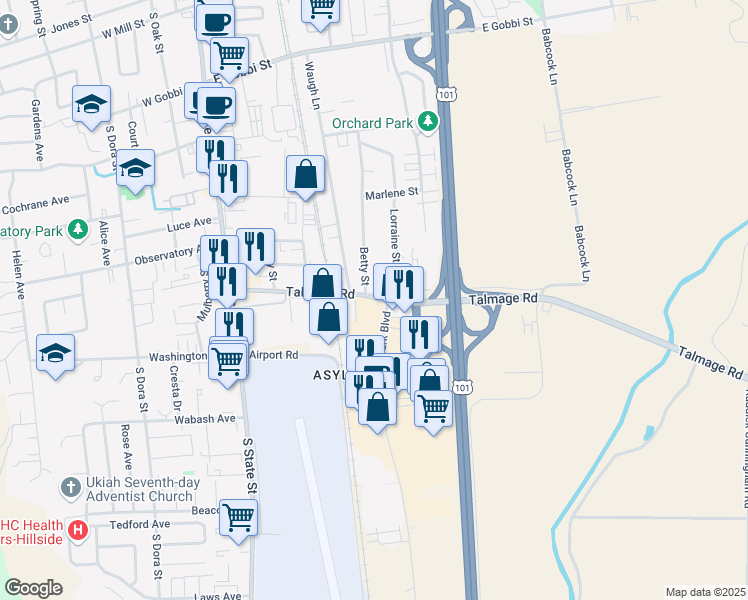 map of restaurants, bars, coffee shops, grocery stores, and more near 490 Talmage Road in Ukiah