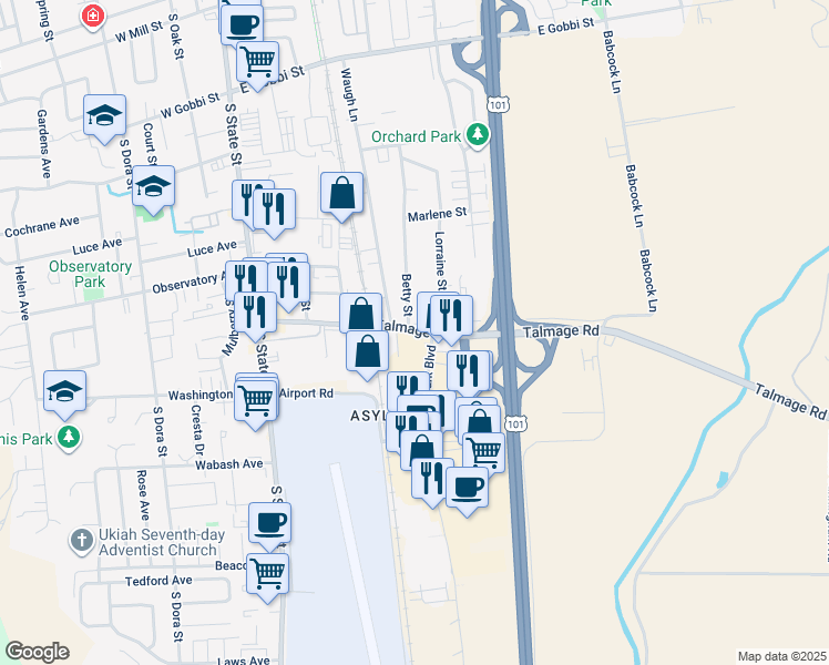 map of restaurants, bars, coffee shops, grocery stores, and more near 490 Talmage Road in Ukiah