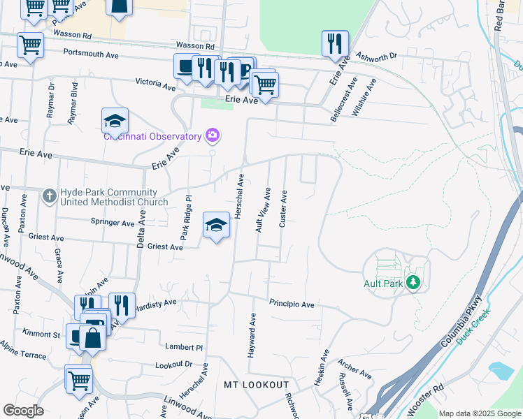 map of restaurants, bars, coffee shops, grocery stores, and more near 1422 Herschel Avenue in Cincinnati