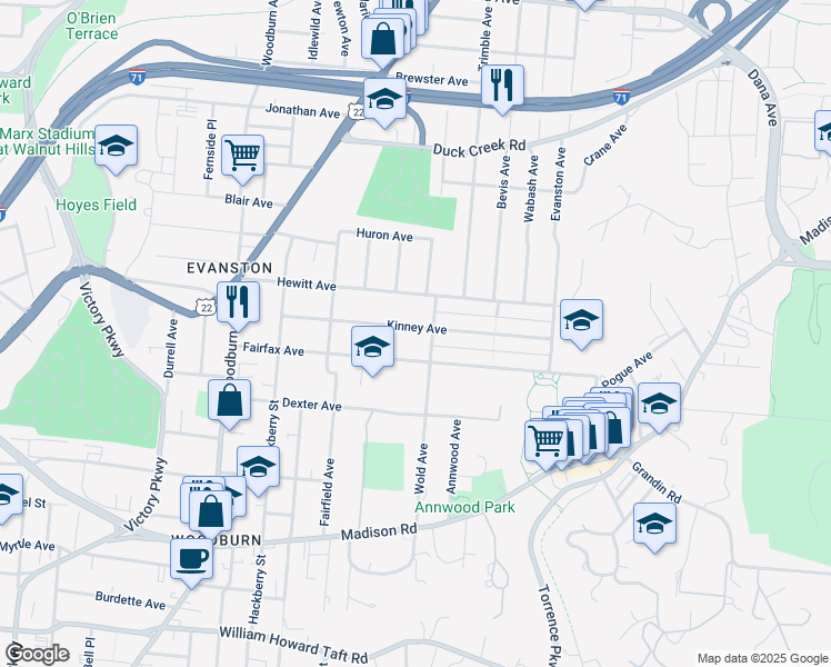 map of restaurants, bars, coffee shops, grocery stores, and more near 1854 Kinney Avenue in Cincinnati