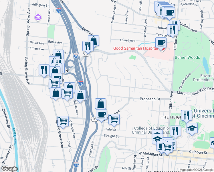 map of restaurants, bars, coffee shops, grocery stores, and more near 678 Riddle Road in Cincinnati