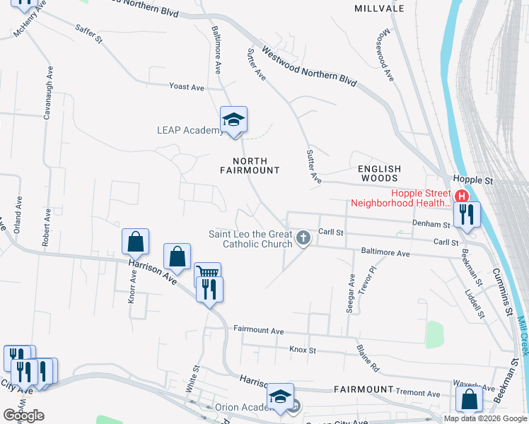 map of restaurants, bars, coffee shops, grocery stores, and more near 1918 Baltimore Avenue in Cincinnati