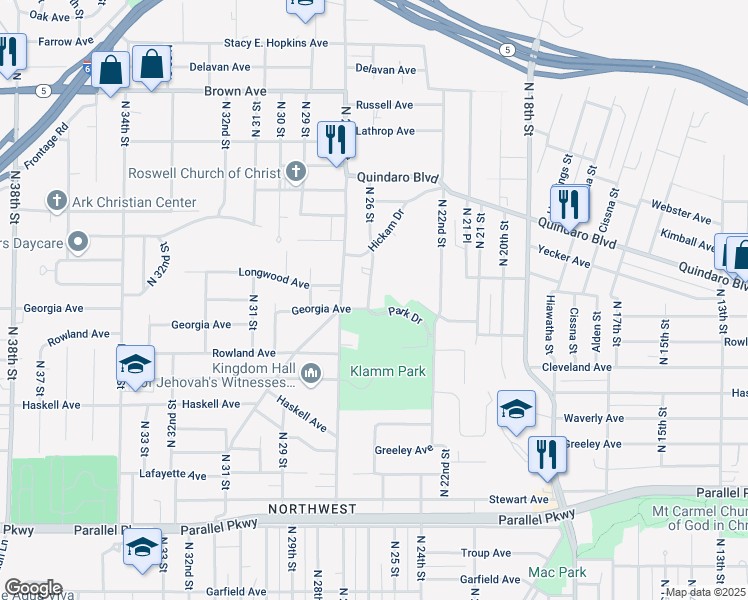 map of restaurants, bars, coffee shops, grocery stores, and more near 2831 North 26 Street in Kansas City